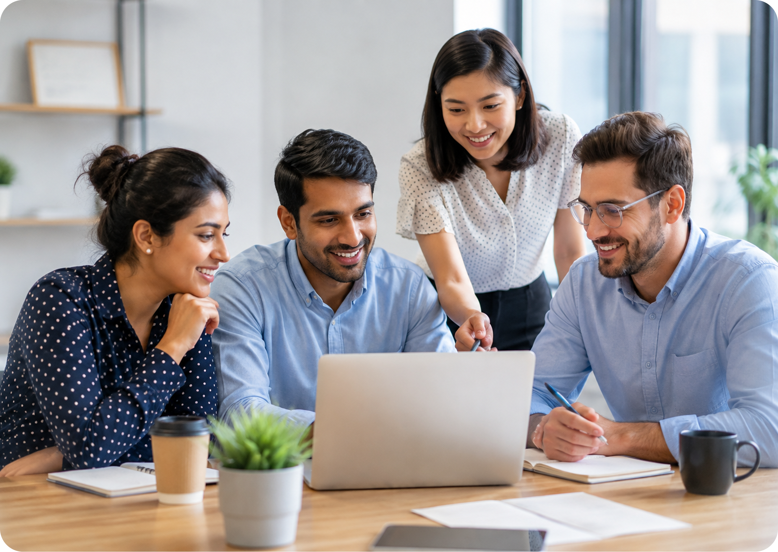 Professionals collaborating around a laptop